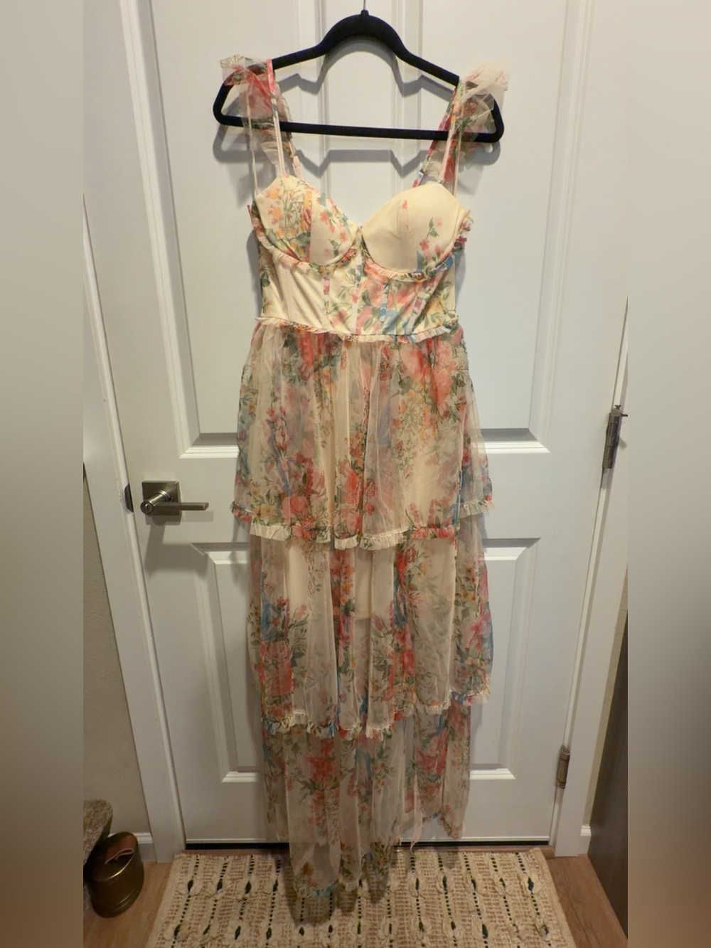 Vici Floral Tiered Maxi Dress in Cream and Coral with Blue Accents